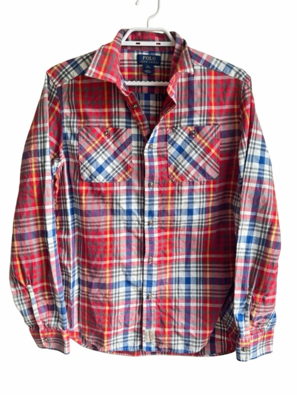 Polo Ralph Lauren Plaid Button Up Shirt Red Blue Patchwork Flannel Cotton Casual